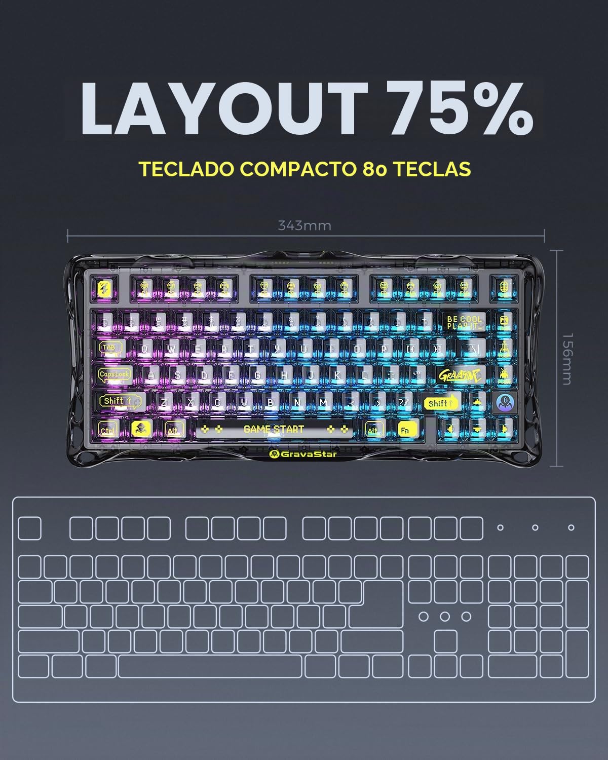 GravaStar Mercury K1 Lite 75% Gaming Keyboard, 2.4GHz/BT/Wired Tri